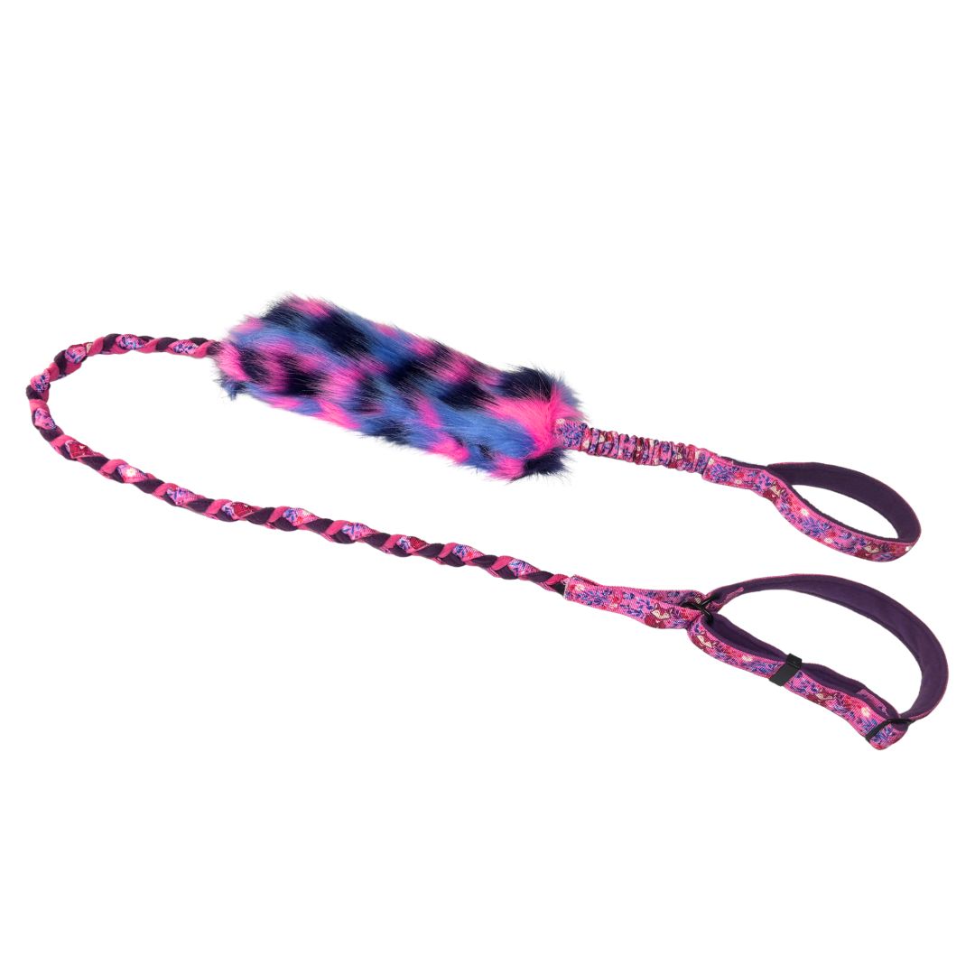 Agilityleine mit Kunstell und extra starkem Bungee mit Gurtband mit Fuschmotiv | robustes Hundespielzeug | Hundesport Zergellein