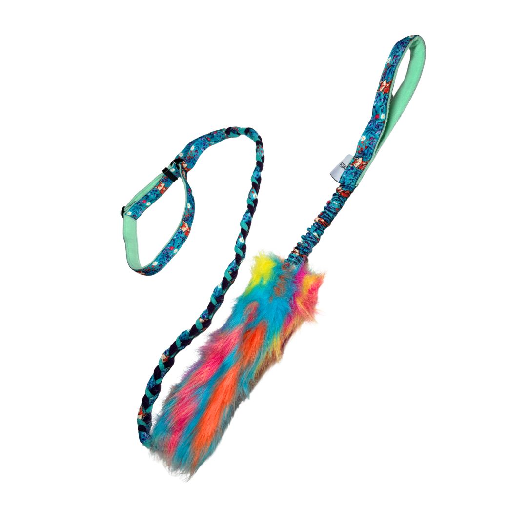 Agilityleine mit Kunstell und extra starkem Bungee mit Gurtband mit Fuschmotiv | robustes Hundespielzeug | Hundesport Zergellein