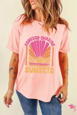 Pink FOREVER CHASING SUNSET Graphic T Shirt