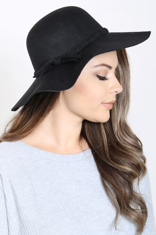 BLACK BOWLER FASHION BRIM SUMMER HAT WITH BRADED TIE