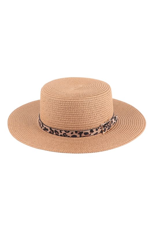 PANAMA BRIM HAT WITH LEOPARD BUCKLE ACCENT - BROWN