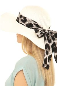 LEOPARD PRINT BOW SUMMER STRAW FLOPPY HAT IVORY