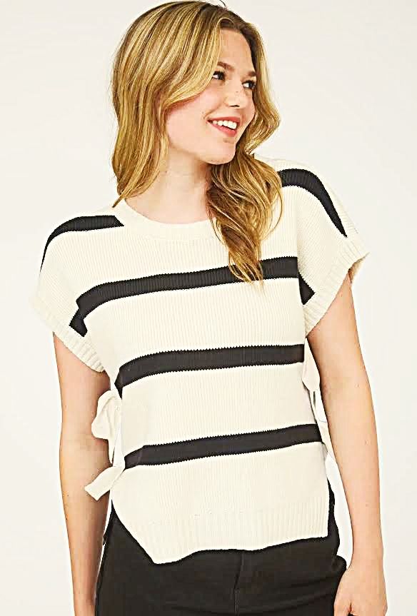 Striped Short Sleeve Side Bow Detail Sweater