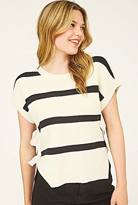 Striped Short Sleeve Side Bow Detail Sweater