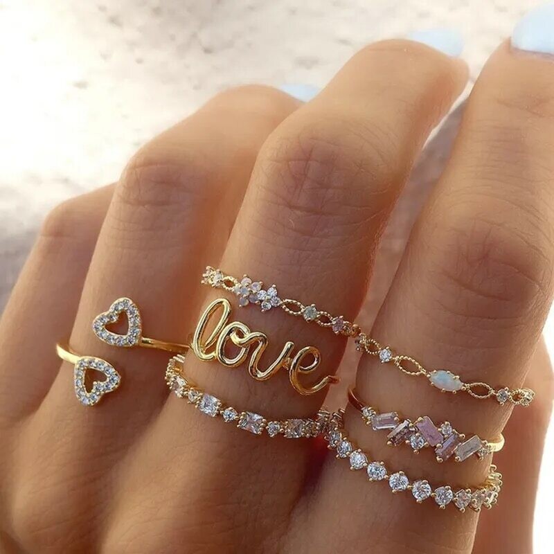 Bohemia Zircon Rings Set Gold Color Boho Crystal Letter LOVE Heart Moon Arrow Flower Ring for Lovers Women Charm Jewelry Gifts