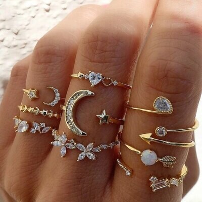 Bohemia Zircon Rings Set Gold Color Boho Crystal Letter LOVE Heart Moon Arrow Flower Ring for Lovers Women Charm Jewelry Gifts