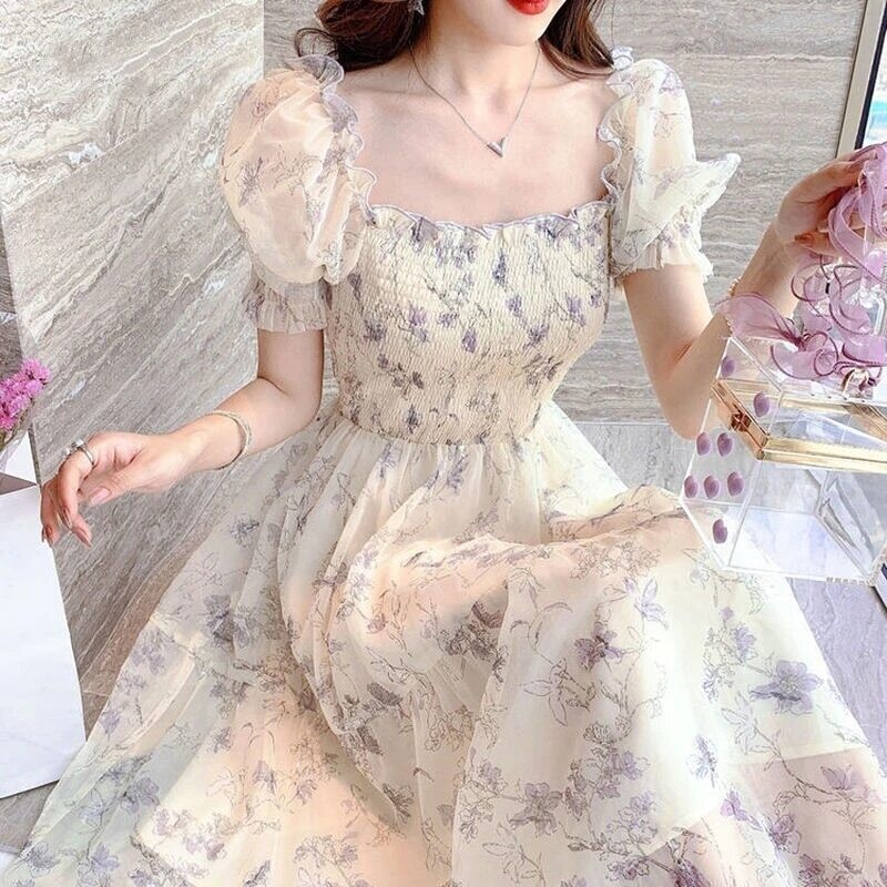 Korean Elegant Fashion Chiffon Dress Summer French Vintage Floral Dress Square Collar Puff Short Sleeve Ink Painting Dress 20827
