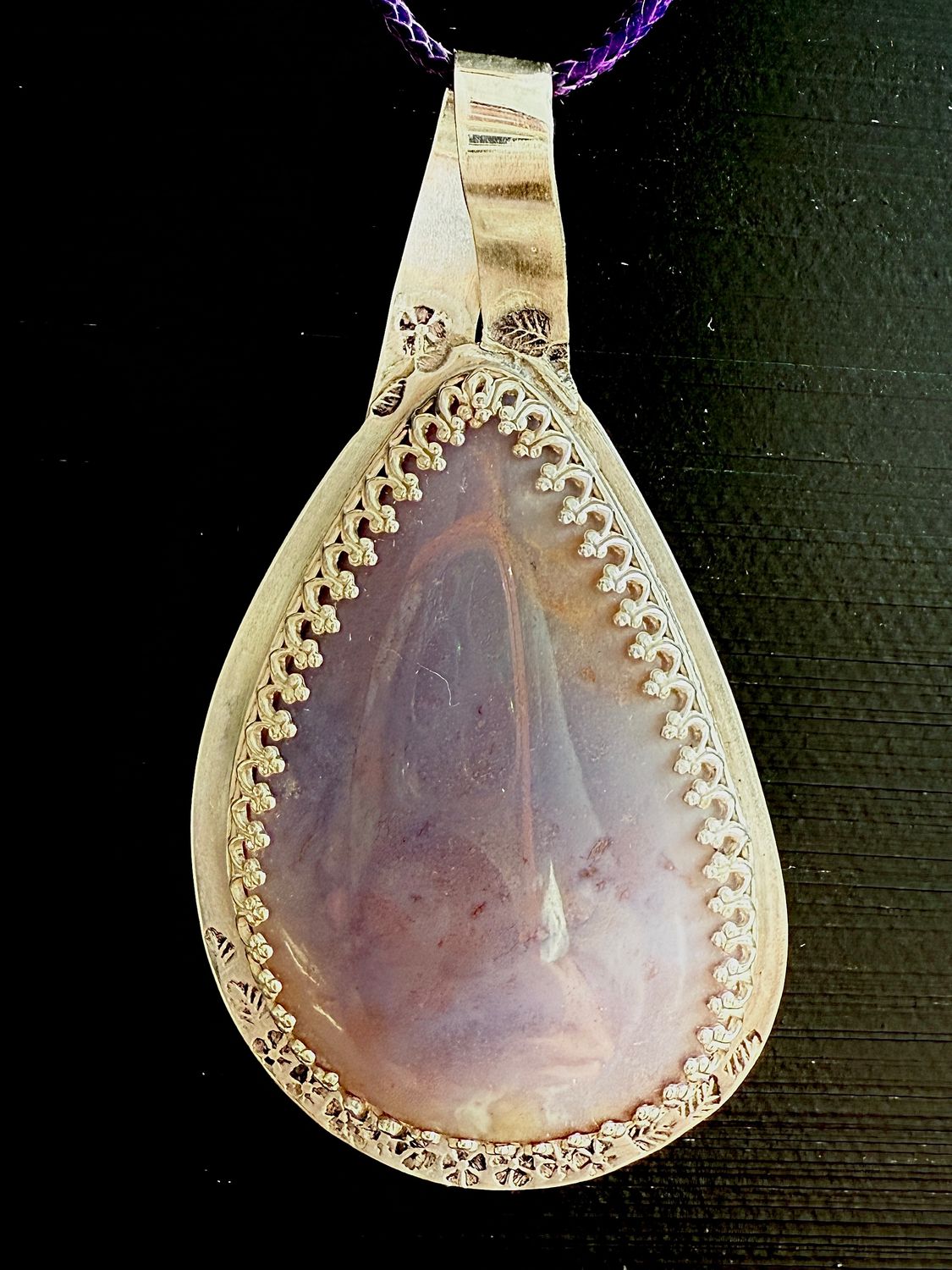 Purple Agate Sterling Silver Pear Stamped Pendant