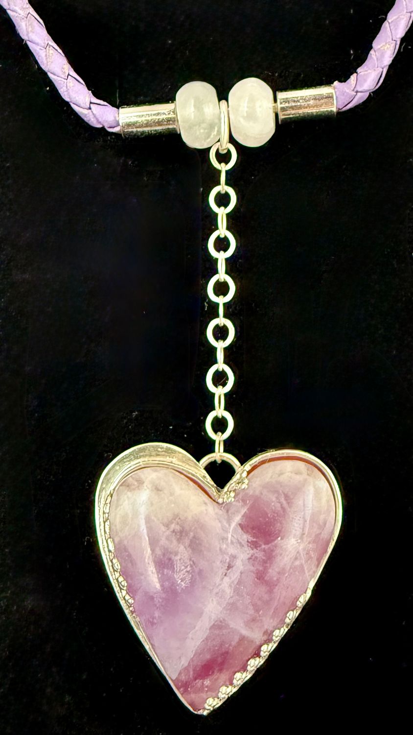 Purple Fluorite and Sterling Silver Dangling Heart Necklace