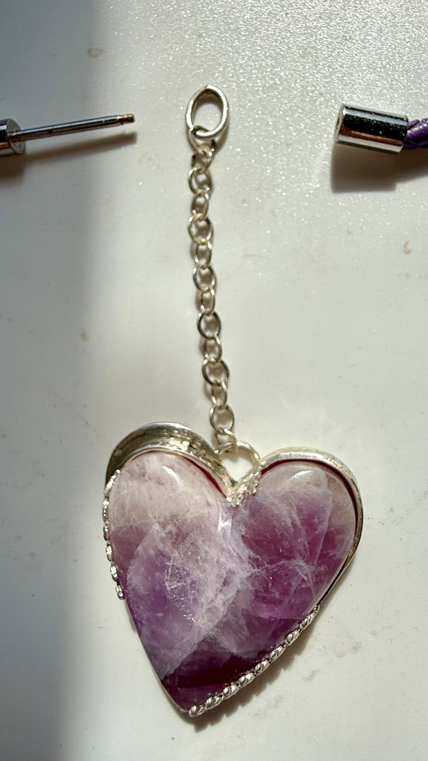 Purple Fluorite and Sterling Silver Dangling Heart Necklace