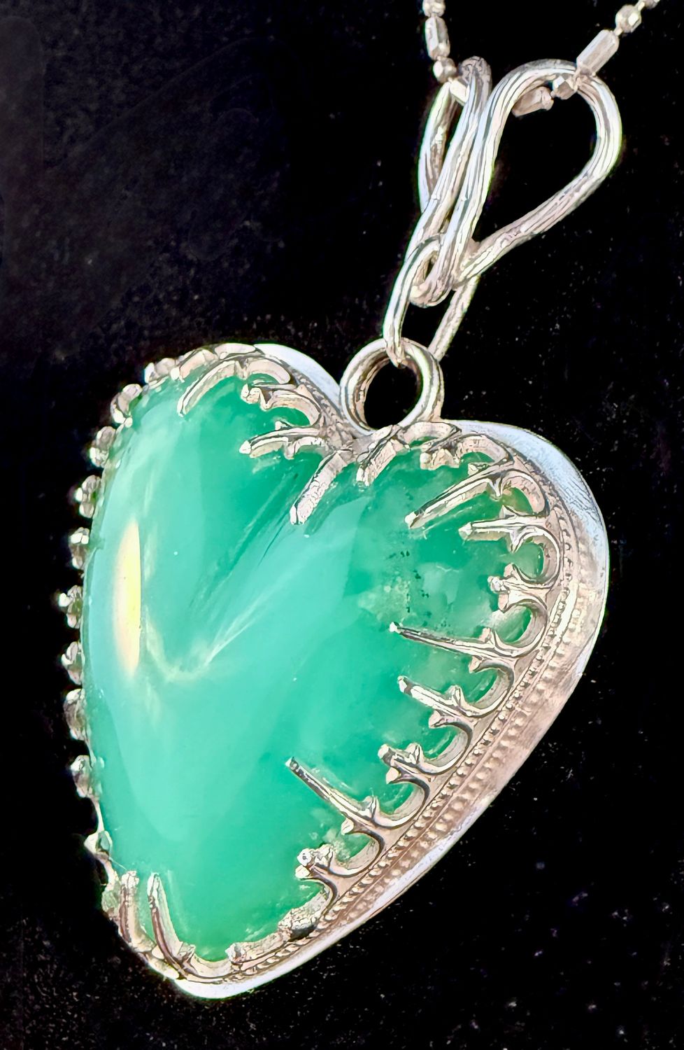 Chrysoprase Heart in Sterling Silver Pendant