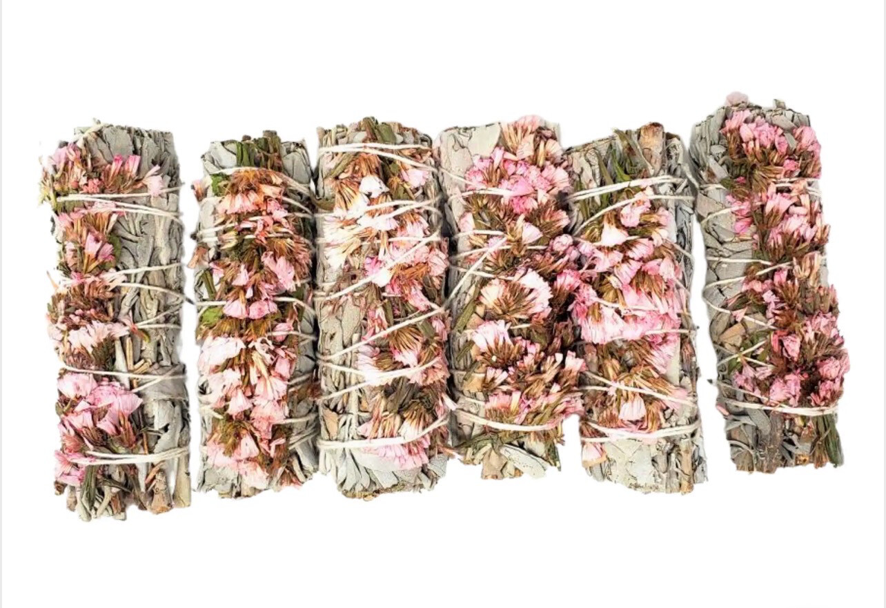 Love Intention Smudge Stick - Natural Sage - Pink Flowers