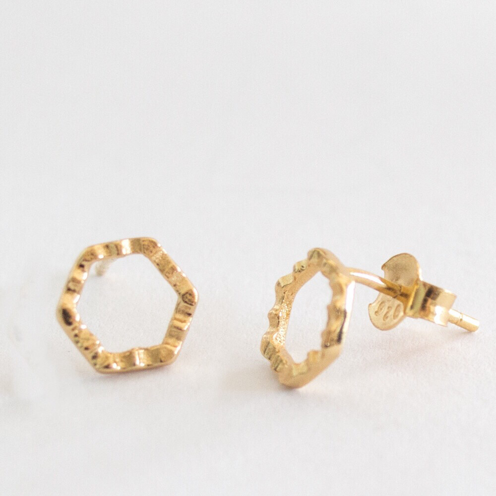 Lovehate ER stud Earrings Crimped Hex Studs Gold or Silver