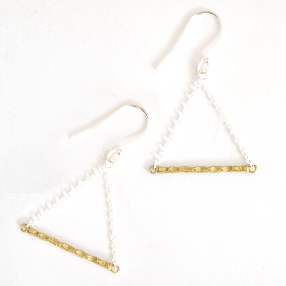 Lovehate ER Earrings Hammered Crimped Gold Bar Silver Chain dangling