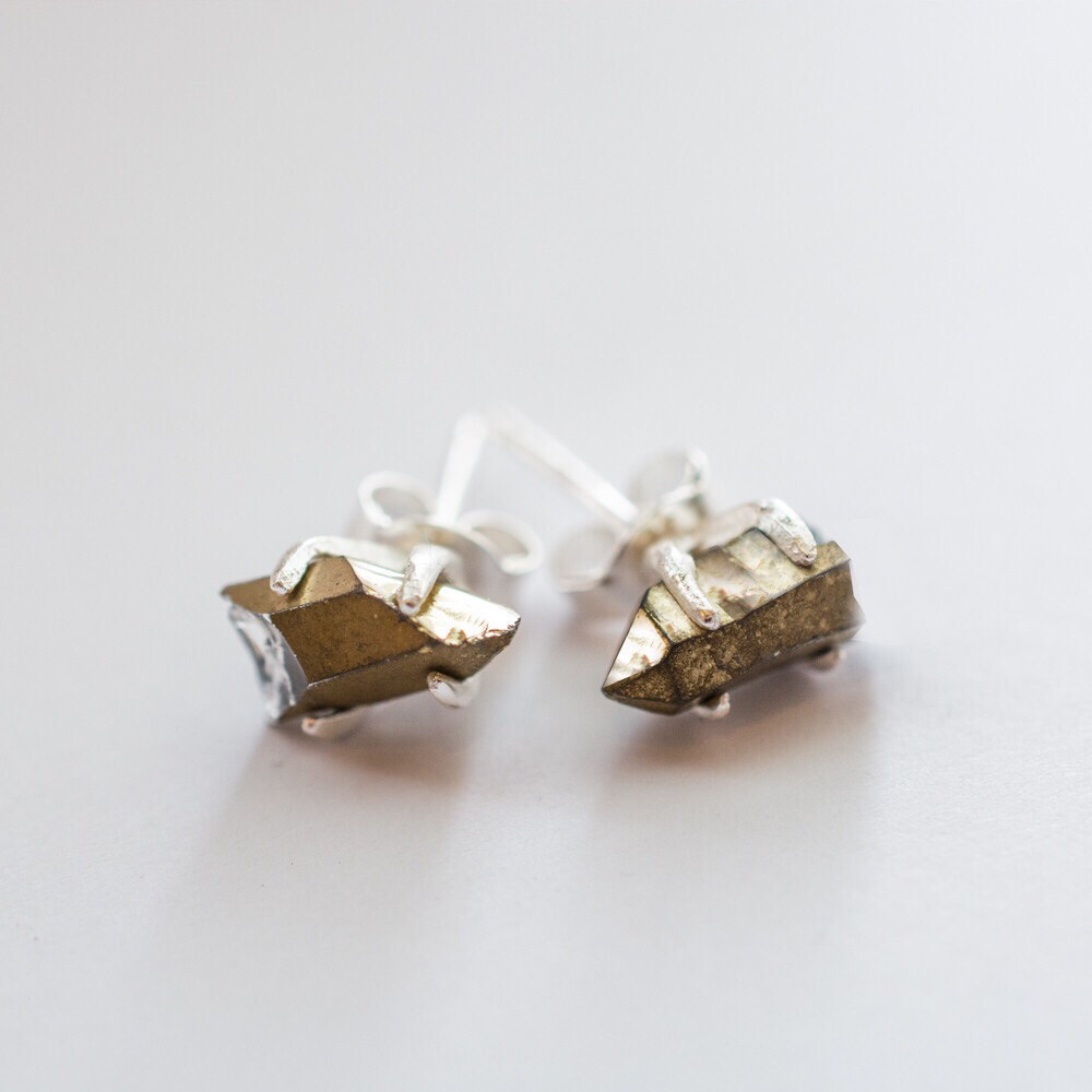 Lovehate ER stud Earrings Rough Cut Stone Studs Rose Gold & Quartz or Silver & Pyrite
