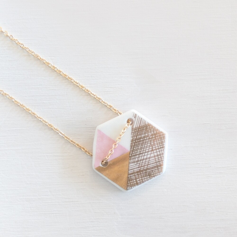 LoveHate NL Necklace porcelain Triangle or Hexagon gold leaf pink