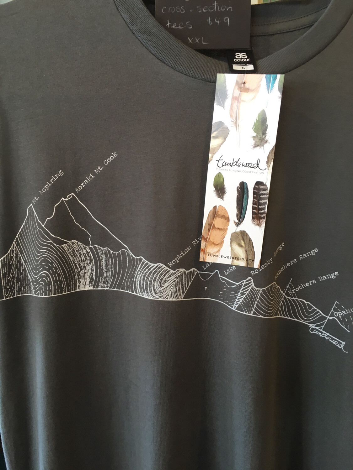 Tumbleweed T-shirt NZ Cotton Tees Mountain Geological Cross-section. Tongariro & South Island Alps Mt Cook