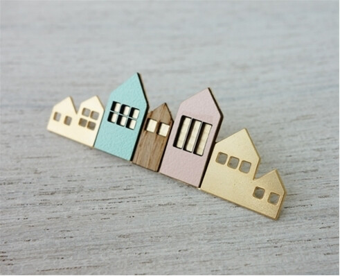 Shlomit Ofir Brooch Copenhagen Houses Brooch . Row Of Houses Various Colours Gold & Silver