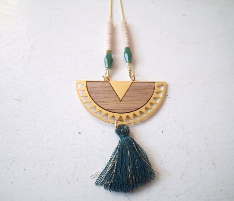 Shlomit Ofir NL Surinam wood Tribal Crescent with Tassel Necklace