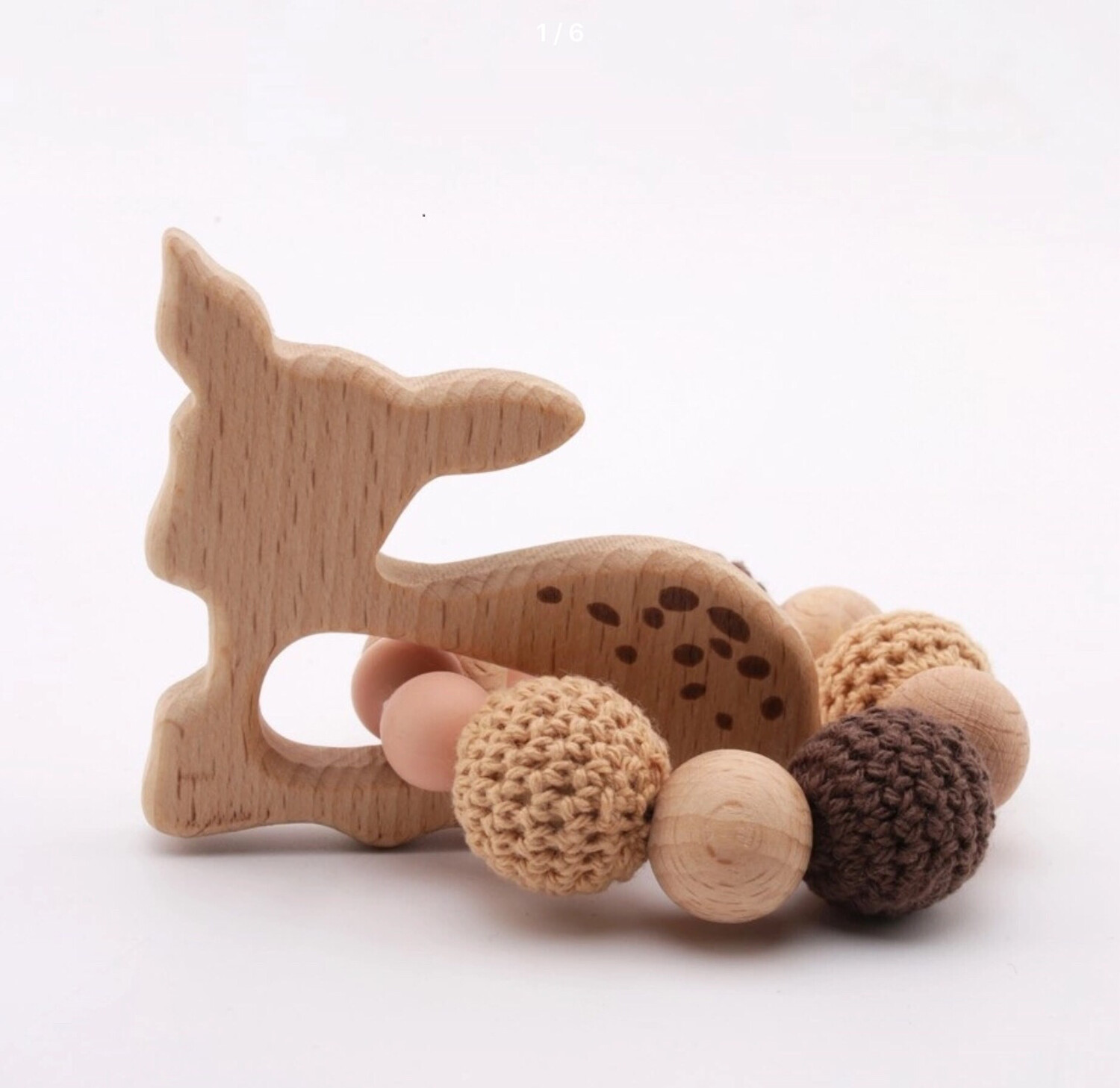 Deer Teether Natural Wooden Baby Rattle With Crochet Beads