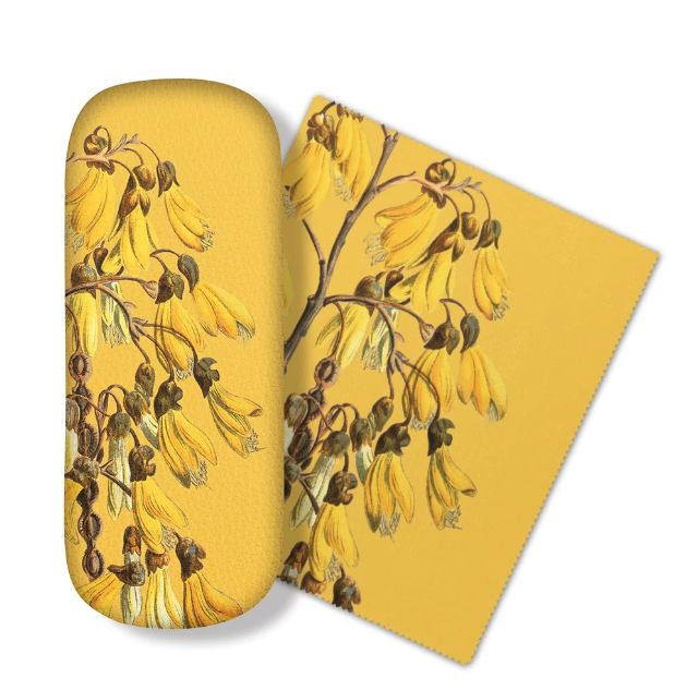 Glasses Case &amp; Lens Cloth Set, 100 Percent NZ, Design: 3. Kowhai