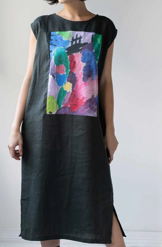 Lazybones Polly Linen Dress In Charcoal With Paint Splash Art