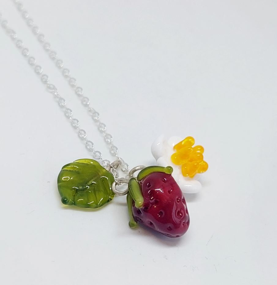 Lampwork Necklace By Rainey Designs NZ - Strawberry &amp; Lemon, Design: Strawberry cluster necklace