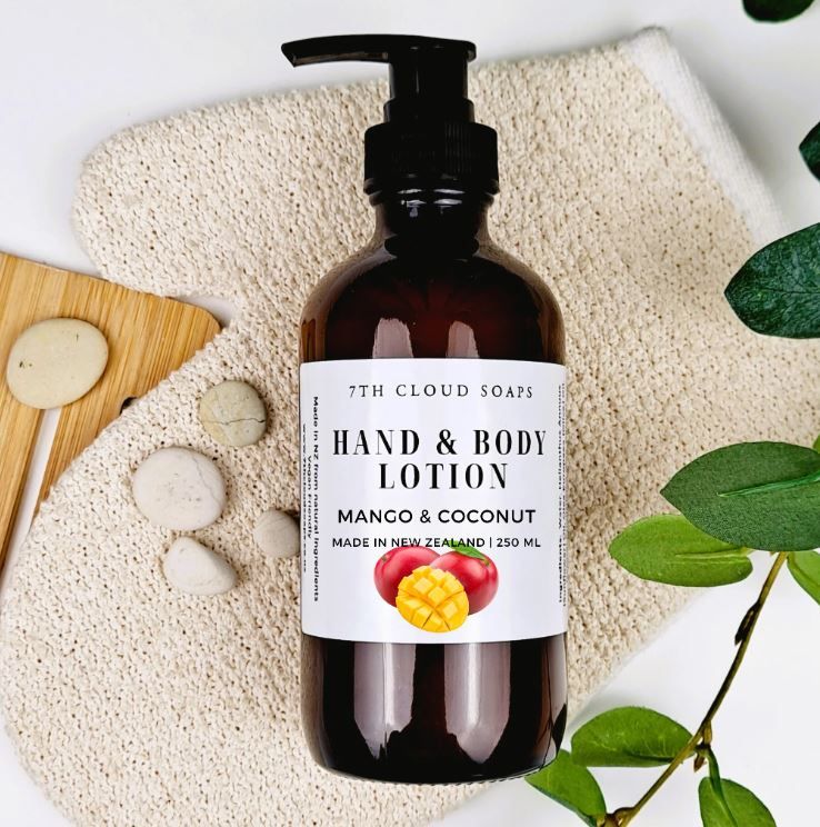 7th Cloud Hand &amp; Body Lotion Glass Pump - NZ Made, Fragrance: 1. Mango and Coconut