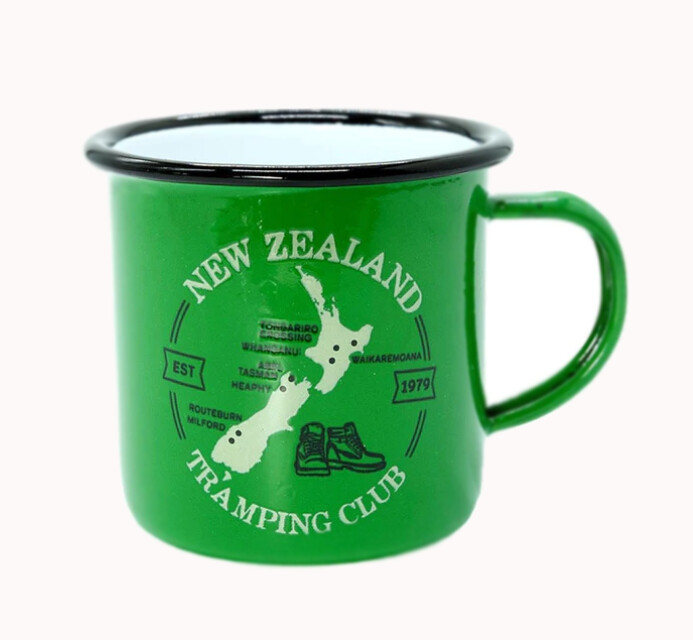 Moana Road Enamel Mugs, Design: 1. Tramping Club small