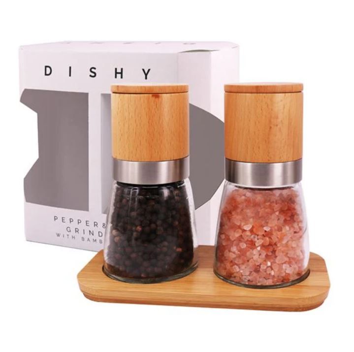 Dishy Salt &amp; Pepper grinder set on bamboo tray
