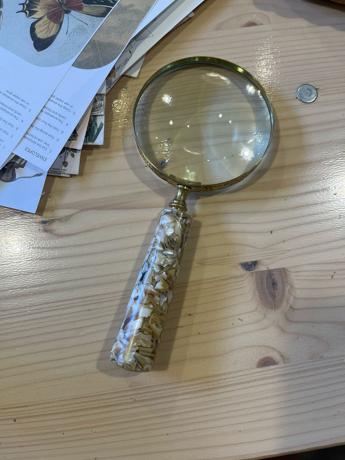 Large Magnified Glass With Shell Handle