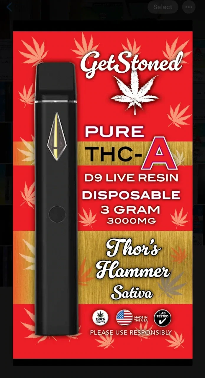 Get Stoned 3g Pure THCA Disposables - Thor's Hammer (Sativa)