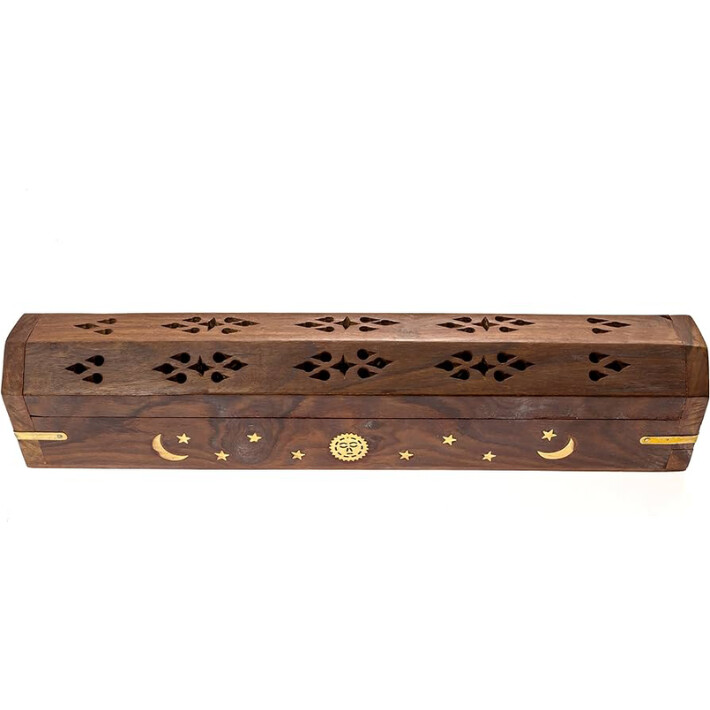 12&quot; Moon &amp; Stars Wooden Coffin Incense Burner w/ Metal End
