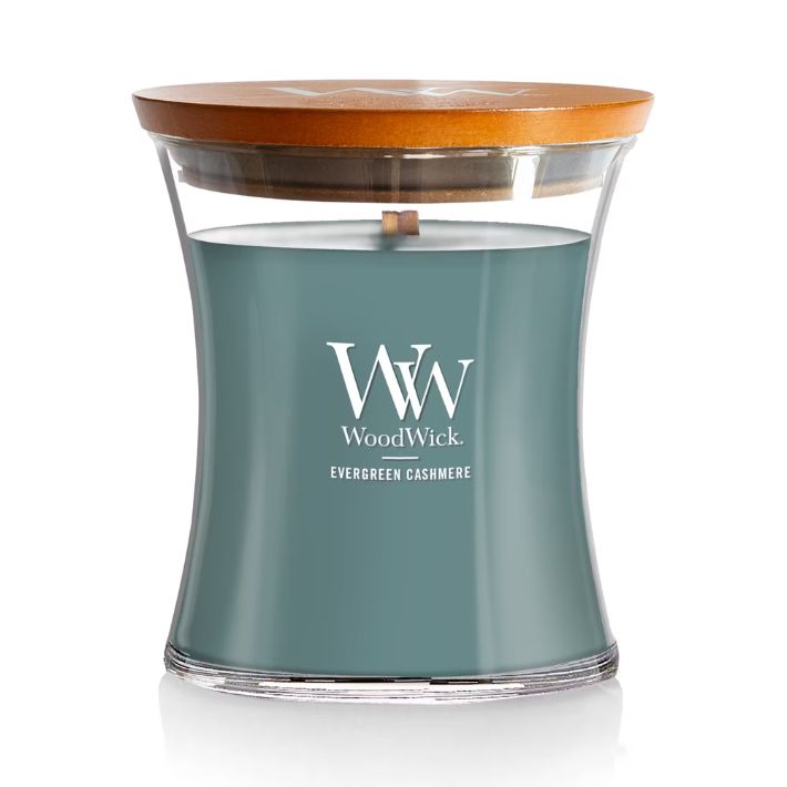 Evergreen Cashmere 9.7oz Medium Hourglass WoodWick Candle