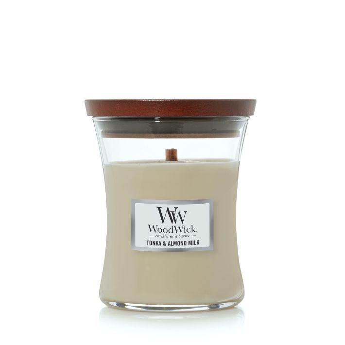 Tonka &amp; Almond Milk 9.7oz Medium Hourglass WoodWick Candle