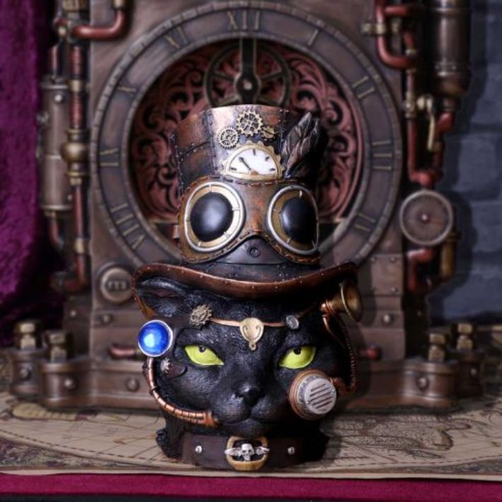 #82N Felius Mogg Steampunk Black Cat Head Figurine