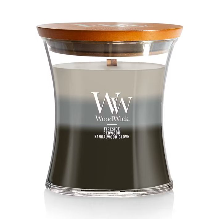 Warm Woods Trilogy 9.7oz Medium Hourglass WoodWick Candle..