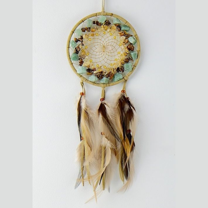 4&quot; Tan Aventurine Gemstone Wheel &amp; Quartz Point Dreamcatcher (Green Aventurine, Tiger Eye, Citrine)