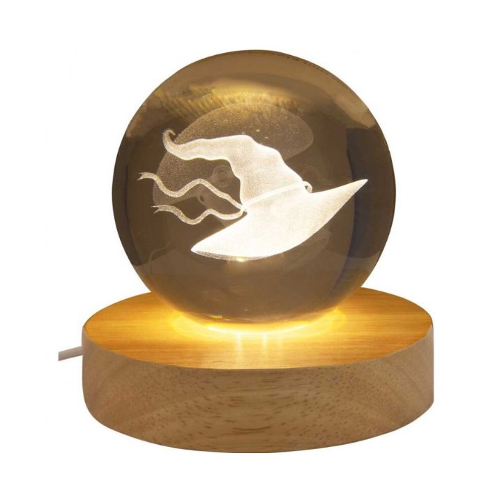Glass Crystal Ball Engraved Wood LED Light Base, Design: Witch Hat