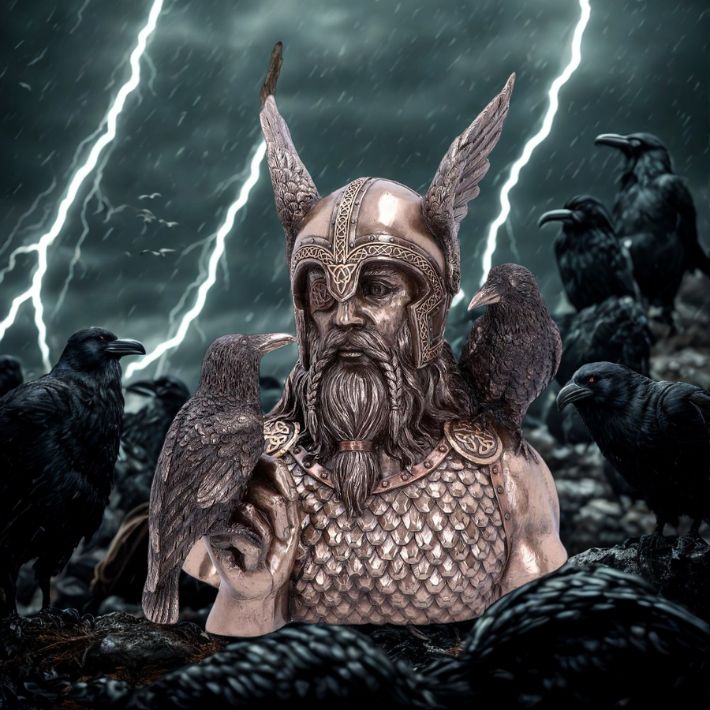 #343N Bronze Odins Messengers Norse God Bust
