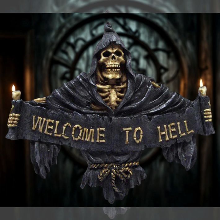 #346N Welcome To Hell Skeleton Grim Reaper Hanging Sign