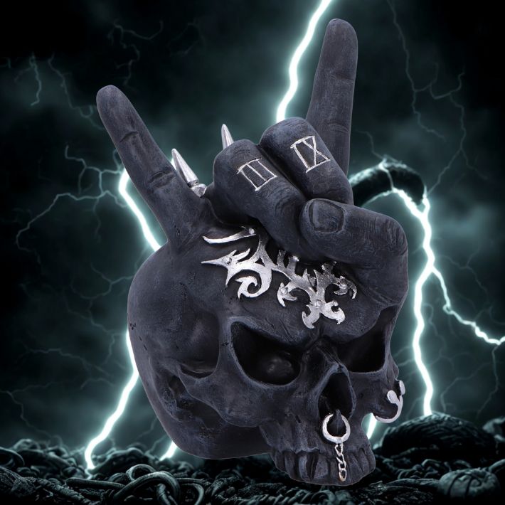 #383N Horns Up Rocking Skull Ornament