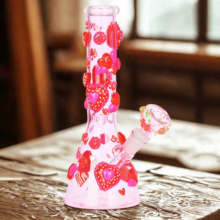 Hearts in Hearts Beaker Glass Water Pipe 10"