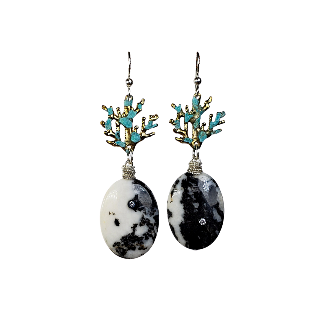 Zebra Jasper Coral Branches Earrings with White Zirconia