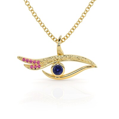Solid Gold and Sapphire Side eye Evil eye Necklace
