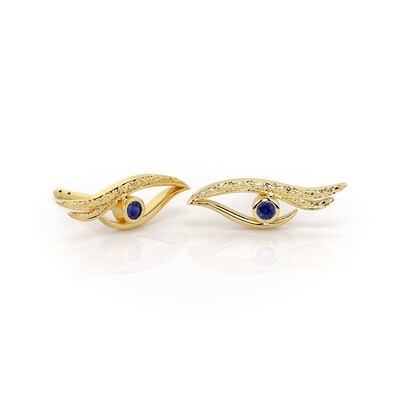 Solid Gold and Sapphire Side eye Evil eye Stud Earrings.