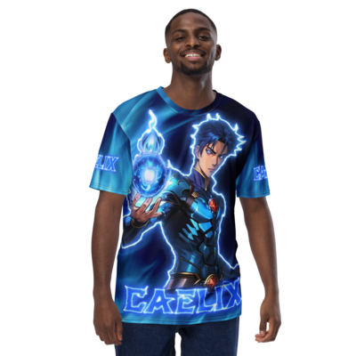 Full-length front side black-haired guy wearing a long blue shirt with a anime character with blue hair using blue flames 