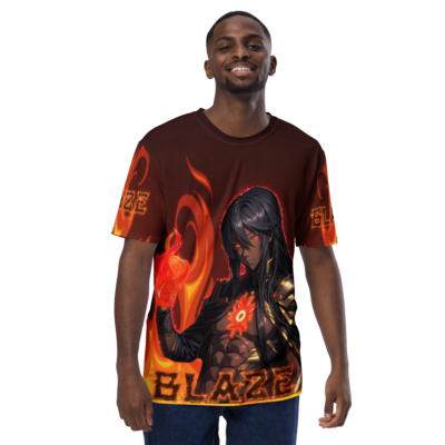 Full-length front side black-haired guy wearing a long red shirt with animated black skin character with flames on his hand