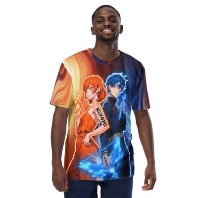 Full-length front side black-haired guy wearing orange and blue &amp; black t-shirt with twins female and male  animated characters male have a lighting blue bow on his hand 