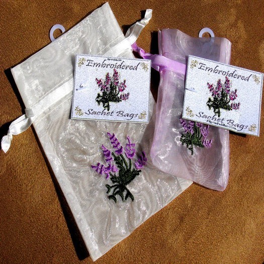 Embroidered Organza Bags with Lavender Design, 3"x 4", 6 Pack